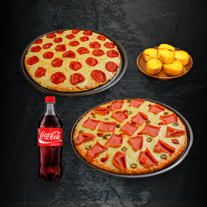 Combo Duo: 2 Pizzas + Gaseosa + Pan al Ajo